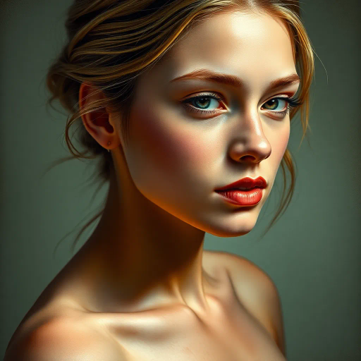 realistic, youthful elegance, dynamic lighting, anatomical precision, vibrant hues, chiaroscuro, Renaissance influence, smooth textures, emotional depth, contemporary allure, intimate portraiture, captivating presence, bold contrasts, Michelangelo, Botticelli, vivacious energy, radiant expression, dramatic pose, enchanting gaze, fluid movement, timeless beauty, three-dimensional form, exploration of femininity, graceful lines, ethereal quality, artistic exploration