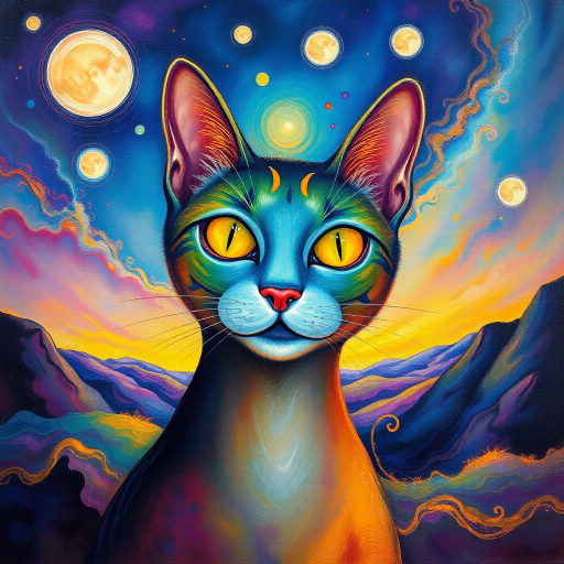 whimsical feline, surrealism, Salvador Dalí, ethereal glow, vibrant spectrum, mystical ambiance, fluid lines, abstract expressionism, dream-like landscape, observers perspective, enigmatic smile, fantasy realism, Claude Monet influence, divine elegance, intricate patterns, soft brushstrokes, artistic allure, ethereal sky, celestial elements, metaphysical journey, depth and shadow, layered textures, transcendental experience, visual poetry, harmonious balance, artistic whimsy