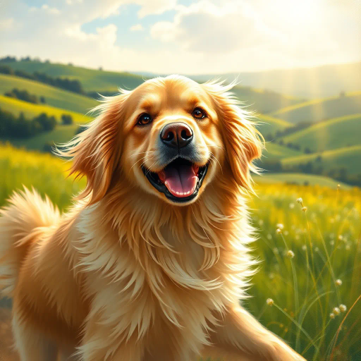 fluffy golden retriever, joyful expression, sunlight streaming, rolling hills, vibrant greens, John Singer Sargent, Impressionist influences, gentle breeze, pastel hues, dynamic movement, idyllic scenery, rich textures, playful energy, golden radiance, natural setting, lifelike fur detail, soft focus, atmospheric perspective, cheerful mood, nature's harmony, artistic tranquility, intricate detail, dynamic pose, vibrant colors, warm tones, impressionist brushwork, Thomas Kinkade inspiration, contemporary realism, outdoor setting, lush background, morning dew, emotive gaze, lively atmosphere, pastoral, friendly demeanor