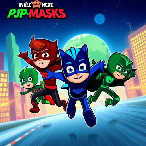 pjmasks, saving the planet, heroic trio, dynamic action, vivid colors, high contrast, futuristic cityscape, midnight blues, vibrant greens, animated style, dramatic shadows, fast-paced movement, heroic journey, children's heroes, comic strip influence, rescue mission, environmental protection, teamwork, bold outlines, stylized storytelling, graphic novel technique, adventure narrative, heroic lighting, superhero themes, youthful spirit, comic panel composition, visual storytelling, energetic scenes, narrative flow, high-energy visuals, colorful costume design, engaging characters, imaginative worlds, symbolic motifs, dynamic framing