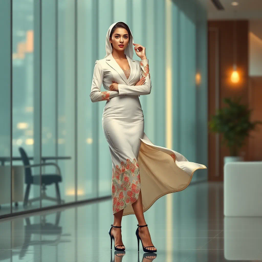 elegant Arab woman, contemporary fashion, hijab, professional attire, modern workplace, high heels, Middle Eastern influence, vibrant colors, soft ambient lighting, dynamic posing, cultural expression, delicate textiles, confident and empowering presence, sophisticated grace, diverse cultural representation, fusion of modern and traditional elements, cultural fusion, empowerment and poise, Impressionism influences, Gustav Klimt inspiration, Art Nouveau elegance, intricate patterns, intricate detailing, vibrant color palette, symbolic attire, office environment, balance and harmony, dynamic composition, surreal lighting, cultural narrative, refined textures, bold symbolism, artistic influences, multicultural dialogue, striking balance, expressive realism, innovative representation, unique fashion, delicate balance, harmonious color palette