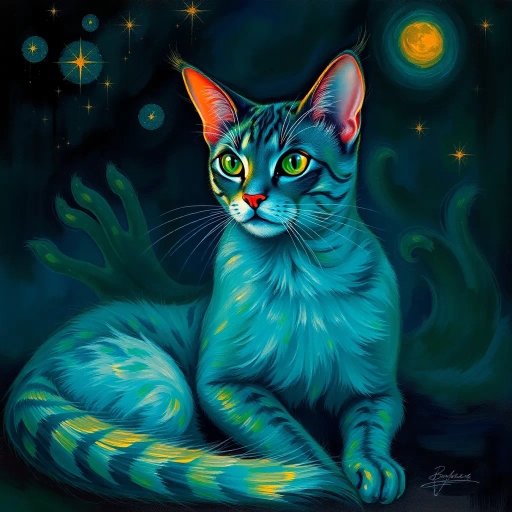 elegant feline form, surrealistic ambiance, inspired by Salvador Dali, Starry Night lighting, Baroque influences, vibrant hues of sapphire and emerald, soft fur texture, dreamlike and whimsical atmosphere, intricate detailing, dynamic pose, Renaissance composition, imaginative and mysterious, twilight setting, impressionist brushwork, ethereal glow, rich tapestry of colors, flowing lines, harmonious balance, artistic narrative, intriguing gaze, artistic depth, fanciful and otherworldly, timeless elegance