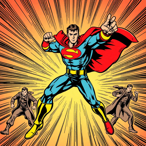 dynamic superhero, comic panels, bold lines, dramatic shadows, vibrant colors, 1960s retro, pop art influences, exaggerated expressions, movement lines, classic heroes, action-packed, larger-than-life, hero's journey, adventurous spirit, epic scale, iconic poses, graphic novel, vintage comic aesthetics, sequential storytelling, humorous undertones