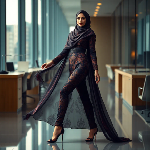 elegant Arab woman, contemporary fashion, hijab, professional attire, modern workplace, high heels, Middle Eastern influence, vibrant colors, soft ambient lighting, dynamic posing, cultural expression, delicate textiles, confident and empowering presence, sophisticated grace, diverse cultural representation, fusion of modern and traditional elements, cultural fusion, empowerment and poise, Impressionism influences, Gustav Klimt inspiration, Art Nouveau elegance, intricate patterns, intricate detailing, vibrant color palette, symbolic attire, office environment, balance and harmony, dynamic composition, surreal lighting, cultural narrative, refined textures, bold symbolism, artistic influences, multicultural dialogue, striking balance, expressive realism, innovative representation, unique fashion, delicate balance, harmonious color palette