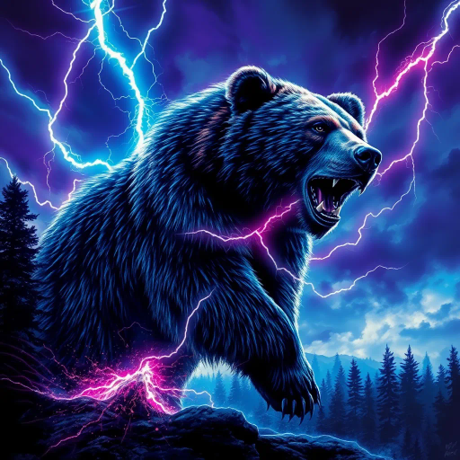 majestic bear, struck by lightning, dynamic energy, vibrant electric blues and purples, ethereal glow, dramatic sky, Surrealism, Salvador Dalí influence, mystical forest setting, chiaroscuro lighting contrasts, fluid motion, heroic and powerful, nature's fury, awe and wonder, intricate fur texture, dramatic scale, mythical ambiance, symbolic transformation, timeless wilderness, emotional intensity, elemental forces, narrative depth, allegorical representation
