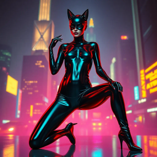 sleek catsuit design, high fashion, futuristic elements, vibrant neon lighting, dynamic pose, bold composition, metallic textures, sci-fi influence, Joan Miró inspiration, night cityscape, cyberpunk aesthetics, mysterious mood, playful elegance, abstract forms, intricate detailing, avant-garde style, fluid movements, bold color contrasts, surreal presentation, depth and layering, unconventional materials, reflections and shadows, elegant silhouette, imaginative realm, Salvador Dali, dreamlike atmosphere, geometric precision, fluid dynamics, visual storytelling, abstract surrealism, enigmatic expressions, ethereal glow, kaleidoscopic patterns, reflective surfaces, overlapping dimensions, contrasting hues, multidimensional perspective, spatial depth, imaginative narrative