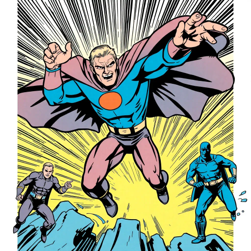 dynamic superhero, comic panels, bold lines, dramatic shadows, vibrant colors, 1960s retro, pop art influences, exaggerated expressions, movement lines, classic heroes, action-packed, larger-than-life, hero's journey, adventurous spirit, epic scale, iconic poses, graphic novel, vintage comic aesthetics, sequential storytelling, humorous undertones