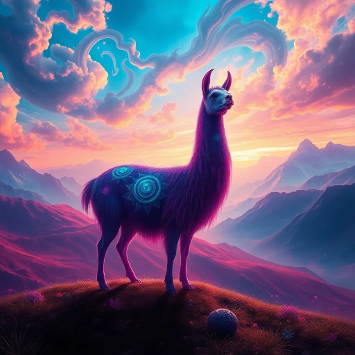mystical llama, ethereal landscape, vibrant colors, surreal lighting, intricate patterns, dreamlike atmosphere, fantasy setting, imaginative realm, grandiose scale, flowing textures, dynamic movement, mythical creature, South American folklore, enchanted aura, luminescent glow, magical realism, whimsical scenery, fantastical composition, enchanting silhouette, mysterious depths, visual storytelling, Andres Amador influences, vibrant hues, vivid imagination