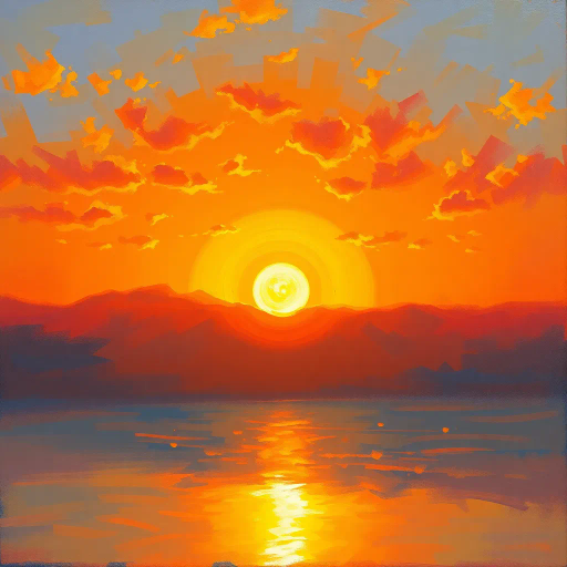 vibrant sunset, Claude Monet, impressionism, golden hour, radiant light, horizon glow, atmospheric depth, warm hues, sunburst effect, serene landscape, reflective water, tranquil mood, soft brushstrokes, expansive sky, luminous clouds, gradient blending, emotional resonance, horizon line, framing perspective, peaceful evening