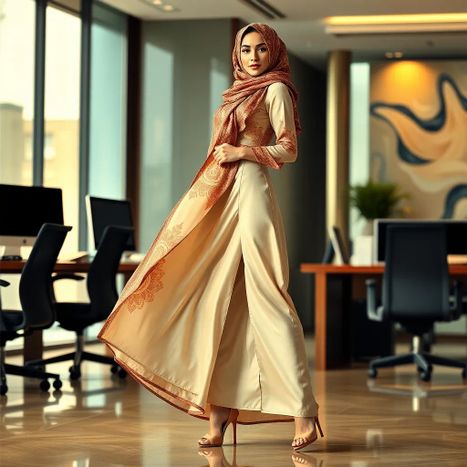 elegant Arab woman, professional attire, modern workplace, high heels, Middle Eastern influence, contemporary art style, intricate patterns, vibrant color palette, soft ambient lighting, cultural expression, dynamic posing, delicate textiles, confidence, empowerment, sophistication, grace, diverse cultural representation, cultural fusion, impressionism influences, human form depiction, balance and harmony, dynamic office environment, elegance, poise, detailed craftwork, modernism, cultural narrative, harmonious composition, vibrant textures