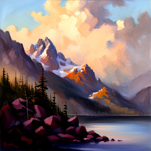 majestic peaks, rugged terrain, atmospheric perspective, Impressionism, Hudson River School, light and shadow, texture, acrylic paint, naturalism, grandeur, plein air, rocky outcroppings, dramatic sky, asymmetry, depth, soft brushstrokes, tranquility, pixel art, atmospheric lighting