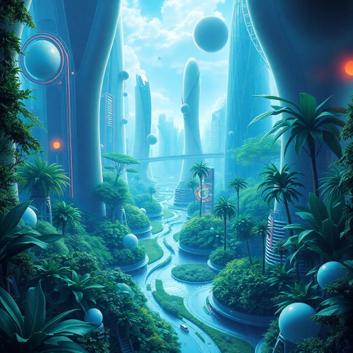 futuristic utopia, 2000s nostalgia, vibrant hues, glossy textures, lush greenery, botanical abundance, retro-futurism, blue and green palette, ecological harmony, smooth surfaces, reflective materials, soft gradients, hyper-realistic landscapes, Claude Lorrain influence, immersive environment, ethereal lighting, sprawling cityscapes, verdant parks, organic architecture, serene atmosphere, visionary aesthetics, dynamic compositions, interplay of nature and technology, fluid shapes, harmonious coexistence, evocative serenity, sustainable vision