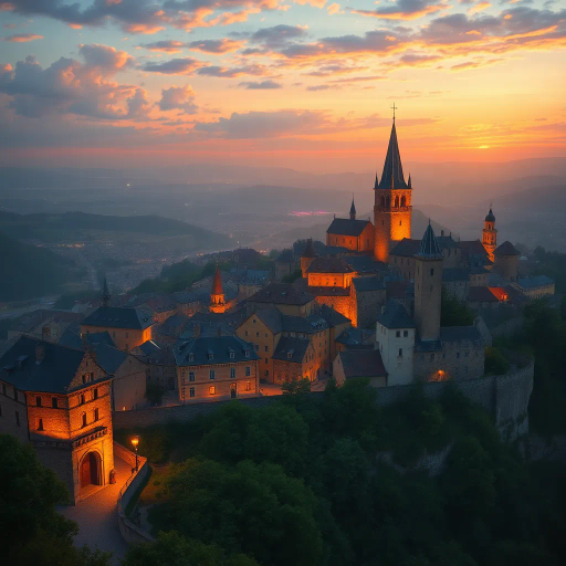 medieval cityscape, glowing twilight, perched on hilltop, vibrant colors, Claude Lorrain influence, golden hour lighting, ethereal atmosphere, lush landscapes, towering spires, intricate architecture, cobblestone streets, panoramic views, sweeping vistas, rich texture, romanticism, detailed engravings, enchanting aura, timeless beauty, serene ambiance, historical roots, narrative storytelling, mystical realm, elevated perspective, imaginative vision, dreamlike setting, magical realism, atmospheric haze, visual poetry, harmonious balance, artistic expression, visionary landscape, fantasy essence, enchanting visuals, Claude Monet inspiration, Baroque influence, tapestry of color, luminous glow, enchanting spell, whimsical charm, historical narrative, romantic era, pastel hues, soft shadows