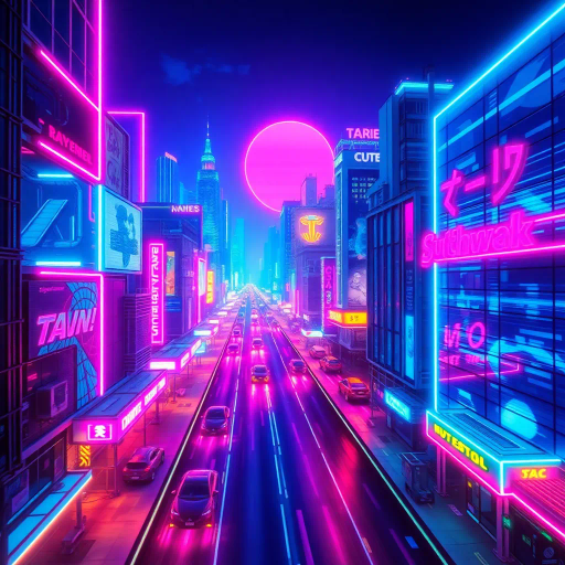 futuristic cityscape, cyberpunk vibes, vibrant neon colors, electric hues, 1980s aesthetics, synthwave influence, bold geometric shapes, neon lights, urban landscape, high contrast visuals, retro-futurism, dynamic movement, dusk lighting, vivid reflections, intricate detailing, digital rendering, surreal atmosphere, abstract patterns, sci-fi elements, immersive universe, nostalgic mood, visual rhythm, avant-garde expression, cultural nostalgia, neon-punk, Brian Eno, Tron, fluorescent glow, Jean Giraud, Ridley Scott, saturated palette, chrome textures, digital synesthesia, kinetic energy, multilayered narrative, kaleidoscopic perspective, David Bowie, ethereal ambiance