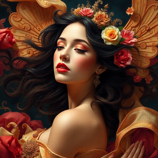 ethereal goddess, renaissance-inspired, chiaroscuro lighting, serene expression, surrealism, bold brushstrokes, celestial colors, flowing robes, delicate textures, vibrant jewel tones, intricate detailing, mystical aura, vaporwave influences, dreamlike atmosphere, novel perspective, modern reinterpretation, dynamic composition, timeless elegance, abstraction, metaphorical essence