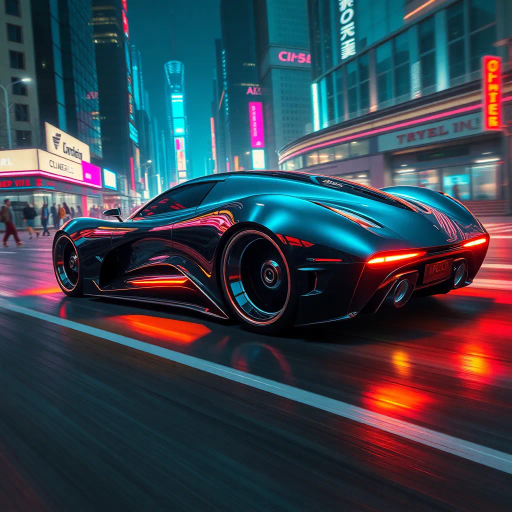 futuristic car design, sleek lines, chrome finish, vibrant neon highlights, dramatic lighting, dynamic movement, aerodynamic shape, retro-futurism, precision engineering, urban environment, concept art, high-tech materials, hyper-realistic detailing, modern aesthetics, speed and agility, metallic textures, ambient atmosphere, avant-garde composition, illuminated cityscape, art deco influences