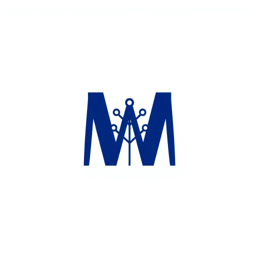 minimalist, bold, letter M, logo design, solid geometric shapes, V-shaped connectors, branching lines, hierarchy symbolism, indigo blue color palette, flat vector style, clean composition, modern SaaS branding, software aesthetics, white background, high-tech elegance, contemporary design, clarity, sleek presentation, geometric precision, corporate identity, monochromatic balance, visual hierarchy