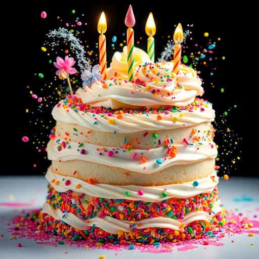 vivid birthday cake, intricate details, vibrant colors, surrealism, whimsical, dream-like, fantastical elements, splashes of paint, soft glow, celebratory mood, contemporary, dynamic composition, pastel hues, icing texture, multicolored sprinkles, playful elements, multi-layered structure, high contrast, delicate frosting, creative presentation, joyful ambiance, artistic flair, imaginative design, cake artistry, festive atmosphere, imaginative presentation, dynamic movement, Salvador Dali, Marc Chagall, pop-art influences, ethereal lighting, impressionistic brushstrokes, dream-like textures, visual harmony, chromatic splendor, joyous expression, cultural festivities, artistic visionary, enchanting scene