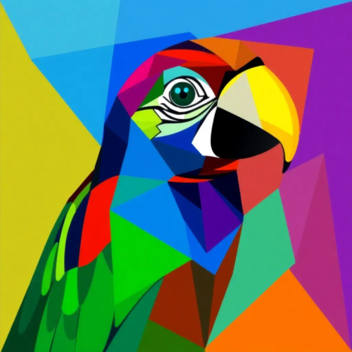 parrot, geometric shapes, vibrant colors, cubism, Pablo Picasso, abstract representation, triangular forms, bold outlines, aviary subject, azure blues, emerald greens, dynamic composition, art deco influences, modern aesthetic, tropical fauna, vibrant lighting, intricate patterns, high contrast, visual rhythm, innovative angles, tropical ambiance