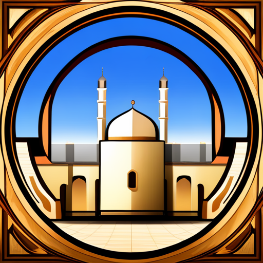 symbolic masjid, rounded border, border shadow, clock, time 04:10, caption, 7 minutes walking distance, location