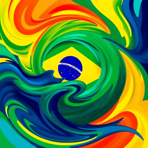 vibrant colors, swirling movement, tropical allure, Brazilian flag, geometric precision, cultural celebration, Carnival inspiration, abstract shapes, bold contrast, energetic flow, Rio de Janeiro, lush greens, radiant yellows, deep blues, chromatic harmony, festive spirit, national pride, rhythmic patterns, dynamic composition, joyful exuberance, modern interpretation