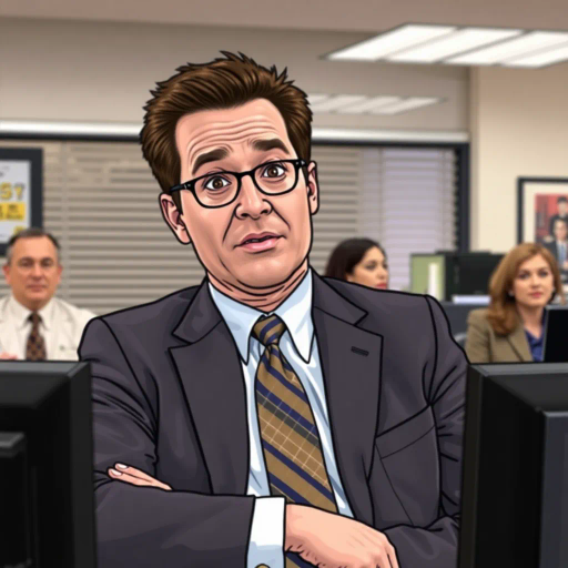 office, tv show, Michael Scott, humor, satire, awkward comedy, Steve Carell, iconic scenes, everyday absurdity, workplace dynamics, character-driven narrative, mockumentary style, exaggerated expressions, bold outlines, vibrant colors, mid-2000s, pop culture, interpersonal relationships, subtle irony, comedic tension, ensemble cast interactions, emotional irony, situational comedy, on-screen charisma, cultural phenomenon, unique storytelling format, visual humor