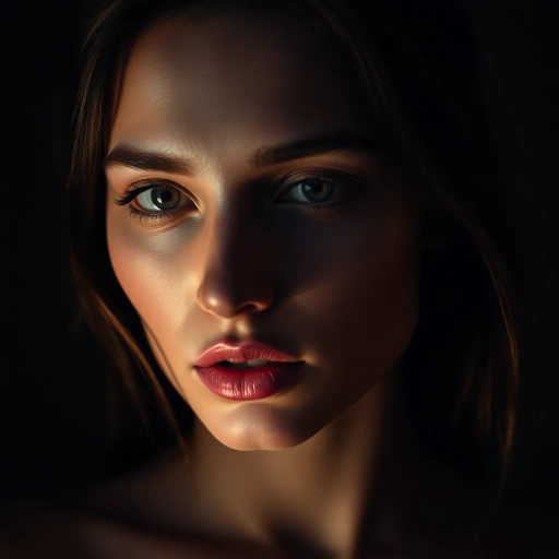 intimate portrait, cinematic lighting, chiaroscuro, soft textures, emotional depth, Vermeer-inspired, modern realism, vibrant skin tones, dramatic shadows, alluring gaze, sensual composition, narrative storytelling, warm undertones, high detail, evocative mood, contemporary beauty, human form, studio photography, classical elegance, dynamic framing