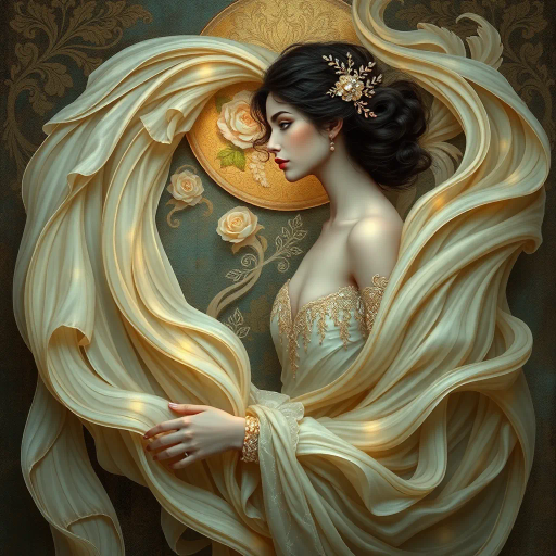 surreal, ethereal, timeless elegance, Gustav Klimt, Art Nouveau, flowing curves, soft lighting, pastel hues, Renaissance, delicate textures, elegant composition, dreamlike atmosphere, symbolic, feminine grace, chiaroscuro, intimate setting, sensuality, muted tones, baroque influences, detailed, emotional depth, harmonious balance, ornate embellishments, idyllic scene, captivating presence