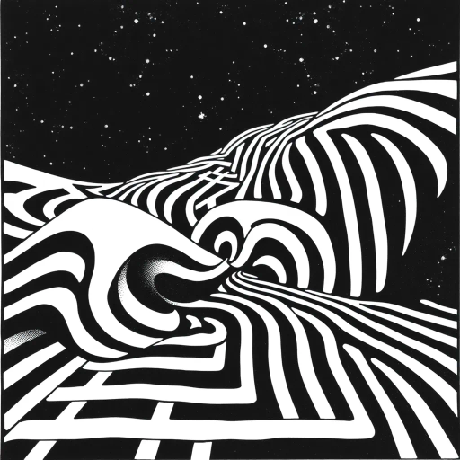 geometric shapes, intricate patterns, flowing lines, minimalist design, abstract expression, monochrome palette, dynamic movement, M.C. Escher influence, precise detailing, linear perspective, conceptual exploration, visual harmony, contour emphasis, spatial depth, contemporary influence, surreal geometry, optical illusion, mathematical artistry, avant-garde composition, abstract forms, pen and ink medium, black and white contrast, intersecting lines, detailed tessellation, fluid dynamics, rhythmic patterns, creative geometry, fine linework, subtle gradients, modern abstraction, artistic innovation, interlocking forms, infinite loops, Escherian landscapes, artistic paradox