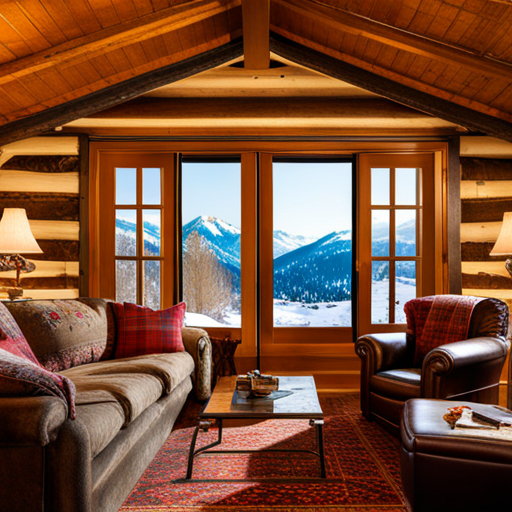 rustic cabin, mountain view, cozy fireplace, snowy landscape, wooden beams, warm light, winter retreat, natural surroundings, log walls, tranquil setting