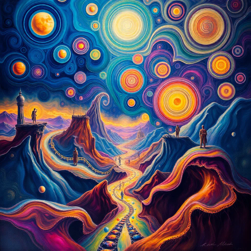 surreal dreamscape, intricate patterns, Salvador Dali, luminous lighting, ethereal ambiance, vivid palette, swirling forms, imaginative landscapes, abstract figures, dreamlike atmosphere, reflective surfaces, flowing textures, dynamic movement, mystical symbolism, infinite space, whimsical elements, vibrant expressions, imaginative worlds, hyper-detailed, otherworldly landscapes