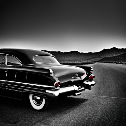 Vintage automobiles, mid-century modern design, chrome accents, monochromatic tones, sleek lines, tailfins, American muscle, leather interiors, drive-in theaters, Route 66, glamorous Hollywood stars, black and white photographs, road trips, gas guzzlers, nostalgic nostalgia