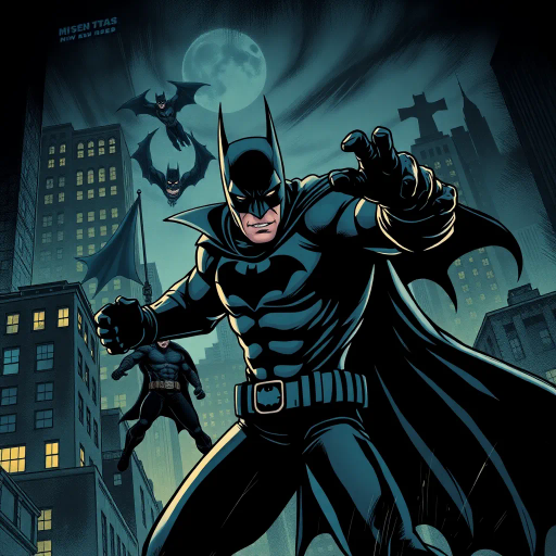 heroic, vigilante, cityscape, dynamic poses, action-packed scene, late 1930s noir, strong jawline, enigmatic, Dark Knight influence, chiaroscuro, graphic novel aesthetics, dramatic shadows, urban environment, caped figure, bold lines, contrasting colors, crime-fighting, tension, mystery, iconic silhouette, night setting, Gotham-like architecture, expressive, narrative-driven