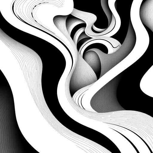 geometric shapes, intricate patterns, flowing lines, minimalist design, abstract expression, monochrome palette, dynamic movement, M.C. Escher influence, precise detailing, linear perspective, conceptual exploration, visual harmony, contour emphasis, spatial depth, contemporary influence, surreal geometry, optical illusion, mathematical artistry, avant-garde composition, abstract forms, pen and ink medium, black and white contrast, intersecting lines, detailed tessellation, fluid dynamics, rhythmic patterns, creative geometry, fine linework, subtle gradients, modern abstraction, artistic innovation, interlocking forms, infinite loops, Escherian landscapes, artistic paradox