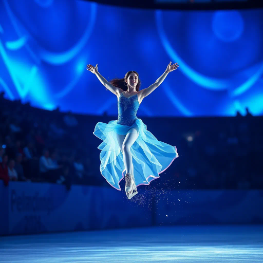 olympic figure skating, ethereal movement, dynamic motion, luminous blue, elegant choreography, azure hues, shimmering lights, impressionist glow, spectators in awe, graceful rotations, fluid lines, kinetic energy, atmospheric lighting, crystalline textures, contemporary art, artistic swirls, capturing momentum, visual rhythm, energetic ambiance, vibrant contrast, sense of balance, dramatic flair, impression of unity, reflective surface, vivid spectacle, artistic interpretation, cultural celebration