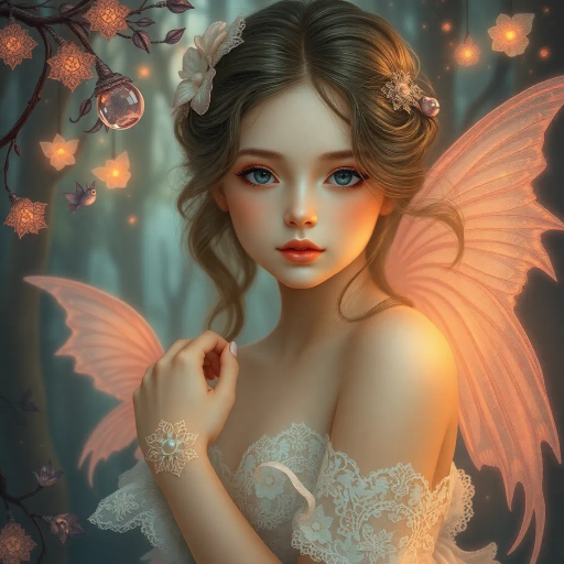 innocent young maiden, charming elegance, ethereal glow, inspired by Yoshitaka Amano, whimsical fantasy, serene ambiance, soft pastel hues, delicate brushwork, intricate lace textures, dreamlike scene, luminous lighting, gentle perspective, emotional warmth, magical atmosphere, fairy tale influences, graceful pose, art nouveau curves, enchanting forest backdrop, mythical creatures, serene expression