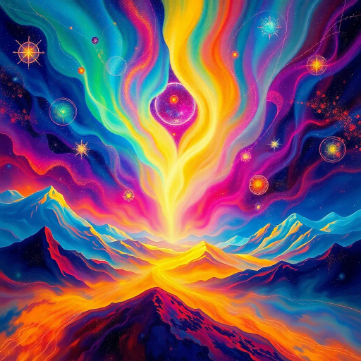 harmony of the spheres, ethereal symphony, aurora borealis, music visualization, cosmic resonance, abstract expressionism, vibrant chroma, Kandinsky influences, flowing melodies, celestial orchestra, dreamlike atmosphere, surreal landscapes, harmonious rhythms, visual synesthesia, universal connection, luminous colors, ethereal light, transcendental experience, spiritual awakening, dimensional journey, divine soundscape, poetic emotion