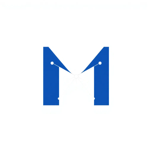 abstract letter M logo, parent node, child nodes, thin branching lines, tree hierarchy, indigo gradient, minimal vector design, white background, geometric abstraction, modernist influence, Bauhaus, clean lines, connection symbolism, hierarchical structure, conceptual design, negative space, visual balance, contemporary aesthetics