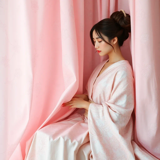 surrealism, intricate patterns, delicate textiles, soft pastels, flowing fabric, intimate setting, gentle lighting, whimsical composition, ethereal atmosphere, abstract expressionism, soft focus, dreamlike mood, Japanese culture, artistic drapery, impressionistic technique, emotional depth, metaphorical symbolism, gentle curves, fabric folds, tranquility