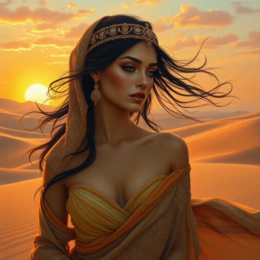 charismatic Arabian beauty, sensual mystique, desert elegance, minimalistic sultry design, vibrant colors, curvilinear shapes, evocative allure, oriental patterns, warm golden hues, shimmering textures, exotic grace, harmonious symmetry, playful yet tasteful, contemporary allure, intimate ambiance, timeless allure, seductive pose, lively movement, sun-kissed skin, alluring perspective, cultural richness, exquisite detail, sensual sophistication, fantasy-like aura