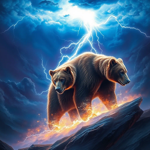majestic bear, struck by lightning, dynamic energy, vibrant electric blues and purples, ethereal glow, dramatic sky, Surrealism, Salvador Dalí influence, mystical forest setting, chiaroscuro lighting contrasts, fluid motion, heroic and powerful, nature's fury, awe and wonder, intricate fur texture, dramatic scale, mythical ambiance, symbolic transformation, timeless wilderness, emotional intensity, elemental forces, narrative depth, allegorical representation
