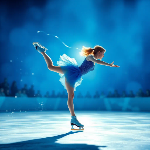 olympic figure skating, ethereal movement, dynamic motion, luminous blue, elegant choreography, azure hues, shimmering lights, impressionist glow, spectators in awe, graceful rotations, fluid lines, kinetic energy, atmospheric lighting, crystalline textures, contemporary art, artistic swirls, capturing momentum, visual rhythm, energetic ambiance, vibrant contrast, sense of balance, dramatic flair, impression of unity, reflective surface, vivid spectacle, artistic interpretation, cultural celebration