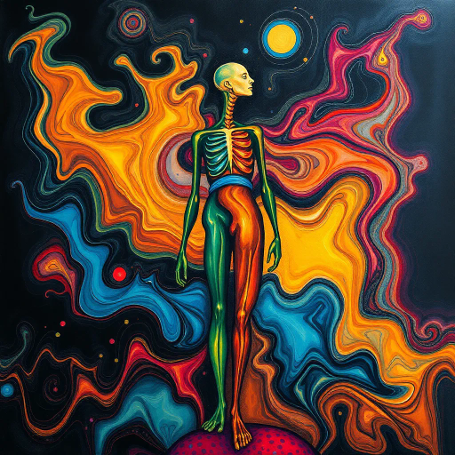 abstract anatomy, surreal forms, Salvador Dali, flowing lines, vibrant colors, organic shapes, dream-like, postmodern, contrasting textures, fluid motion, golden ratio, expressionism, dynamic composition, cultural symbolism, intimate scale, chiaroscuro lighting, emotional resonance, organic materials, metaphorical representation