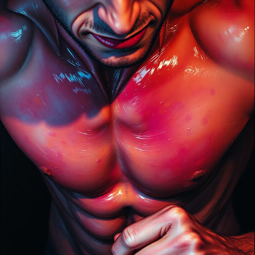 intense perspiration, glistening skin, high contrast, dramatic lighting, realism, contemporary art, hyper-detailed textures, ethereal glow, dynamic composition, energetic brushwork, vivid hues, Impressionism influences, expressive gestures, emotional depth, close-up perspective, tactile surfaces, human form, raw emotion, chiaroscuro, warm color palette, moment of exertion