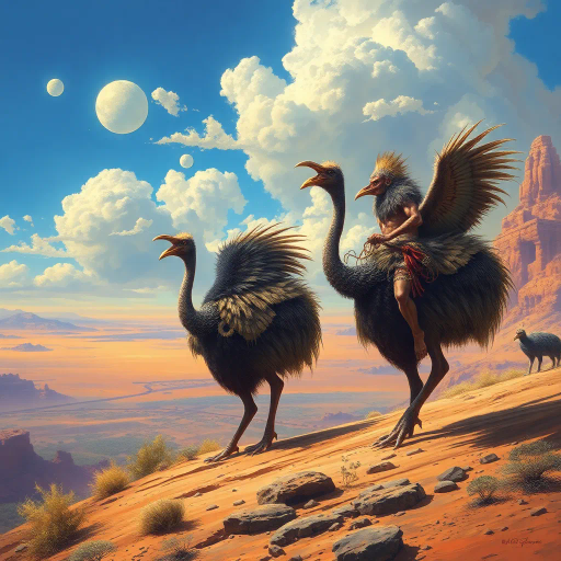 primal warriors, clad in beast hides, riding cassowaries, desert oasis, distant vistas, arid landscapes, epic fantasy, national geographic awe, vibrant contrasts, surreal dreamscapes, Frank Frazetta influences, mysterious realms, high adventure, unbridled wilderness, timeless journey, mythology echoes, ethereal glow, wild untamed beauty, sweeping panorama, nomadic spirit