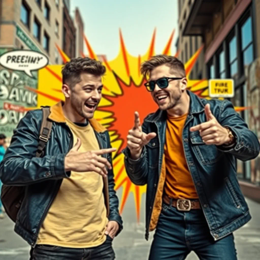 dynamic duo, expressive gestures, playful tension, witty banter, modern pop art, comic strip panels, vibrant colors, bold outlines, street style fashion, urban setting, dynamic composition, high contrast, Roy Lichtenstein, contemporary flair, graphic novel influence, humor, youthful energy, sarcastic undertones, cinematic angles, lively interaction, exaggerated expressions, cultural references, tongue-in-cheek narrative, impactful framing