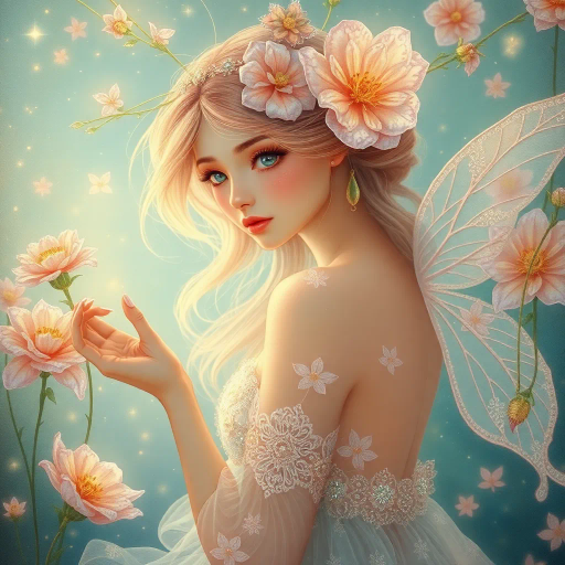 innocent young maiden, charming elegance, ethereal glow, inspired by Yoshitaka Amano, whimsical fantasy, serene ambiance, soft pastel hues, delicate brushwork, intricate lace textures, dreamlike scene, luminous lighting, gentle perspective, emotional warmth, magical atmosphere, fairy tale influences, graceful pose, art nouveau curves, enchanting forest backdrop, mythical creatures, serene expression