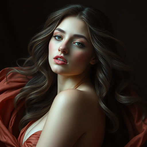 vibrant youth, alluring curves, radiant beauty, opulence, ethereal glow, contemporary allure, delicate elegance, Renaissance influence, chiaroscuro contrast, warm sunset hues, feminine grace, luxurious silk texture, enchanting gaze, sensuality, bold composition, modern aesthetic, beauty idealism, dynamic poses, Baroque opulence, mystical charm, captivating presence, intimate portrait, high detail, artistic celebration, confident expression, sensual movement, Leonardo da Vinci aesthetics, Caravaggio lighting, Rococo elegance, surreal glow, ethereal textures, modern elegance, intricate patterns, seductive charisma, timeless grace, glowing skin tones, striking contrasts, fluid motion