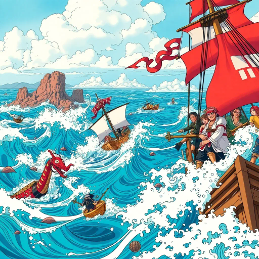 voyage of adventure, grand seas, vibrant landscapes, inspired by Eiichiro Oda, dynamic action, colorful characters, east meets west, pirate fantasy, whimsical tone, heroic themes, rich storytelling, exaggerated expressions, cel shading, intense battles, camaraderie, mythical creatures, treasure hunt, emotional journeys, intricate line work, bold outlines, atmospheric perspective, vibrant hues, sea breeze texture, endless horizons, cultural tapestry, ship sailing, diverse crew, oceanic expanse