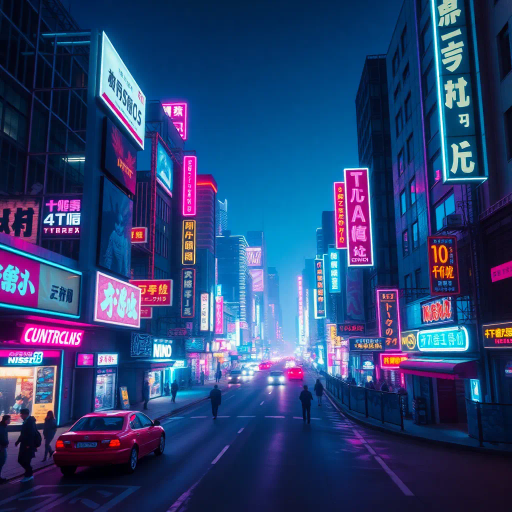 futuristic cityscape, cyberpunk vibes, vibrant neon colors, electric hues, 1980s aesthetics, synthwave influence, bold geometric shapes, neon lights, urban landscape, high contrast visuals, retro-futurism, dynamic movement, dusk lighting, vivid reflections, intricate detailing, digital rendering, surreal atmosphere, abstract patterns, sci-fi elements, immersive universe, nostalgic mood, visual rhythm, avant-garde expression, cultural nostalgia, neon-punk, Brian Eno, Tron, fluorescent glow, Jean Giraud, Ridley Scott, saturated palette, chrome textures, digital synesthesia, kinetic energy, multilayered narrative, kaleidoscopic perspective, David Bowie, ethereal ambiance